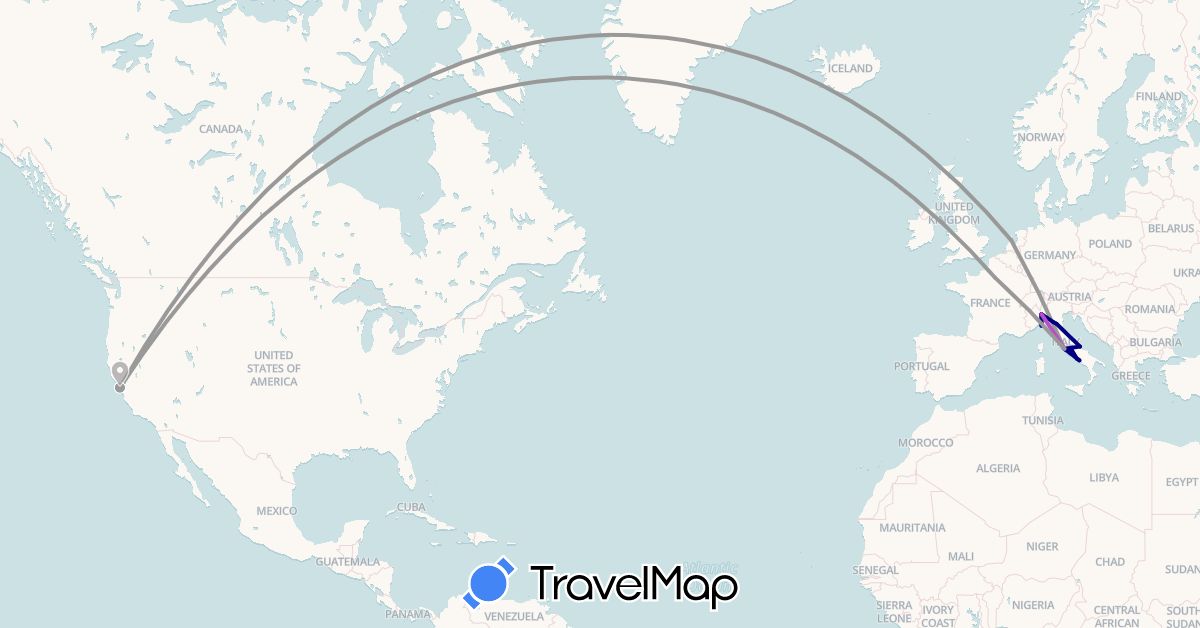 TravelMap itinerary: driving, plane, train in France, Italy, Netherlands, United States (Europe, North America)
