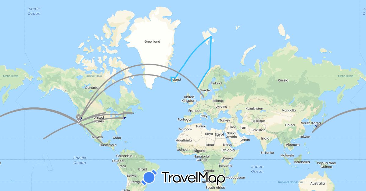 TravelMap itinerary: driving, plane, boat in Canada, Denmark, Iceland, Japan, Mexico, Norway, United States (Asia, Europe, North America)